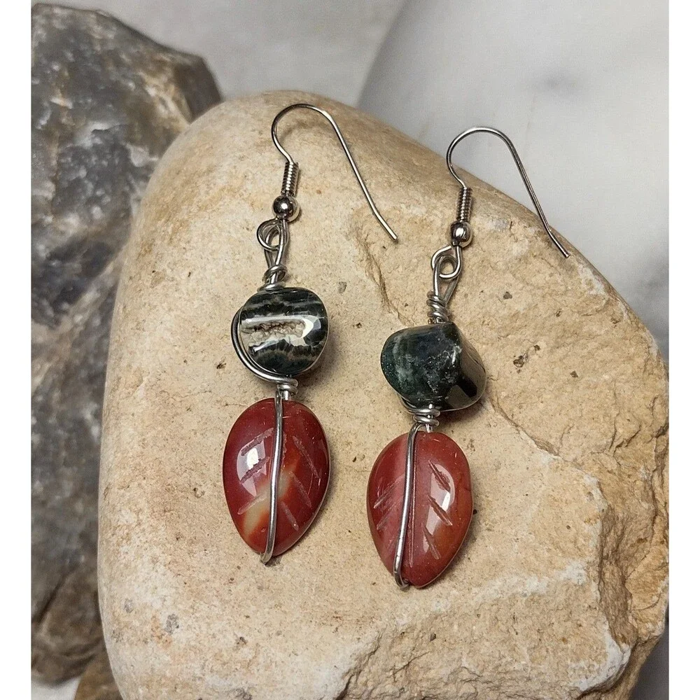 Carved Jasper Leaf Stone Geode Dangle Earrings